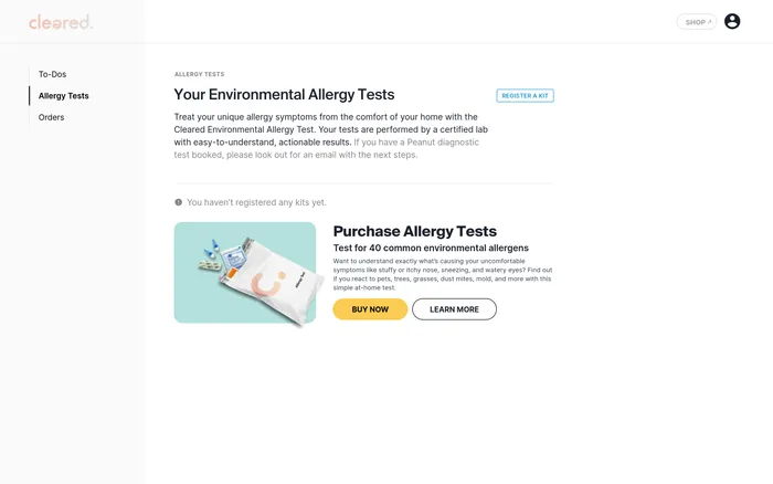 Screenshot of Cleared Patient Portal - Test Kit